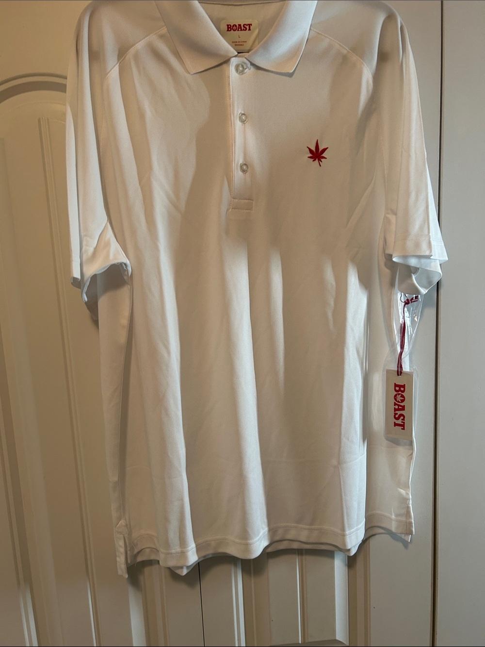 BOAST Men’s White Polo with Red Leaf Emblem Pima Cotton